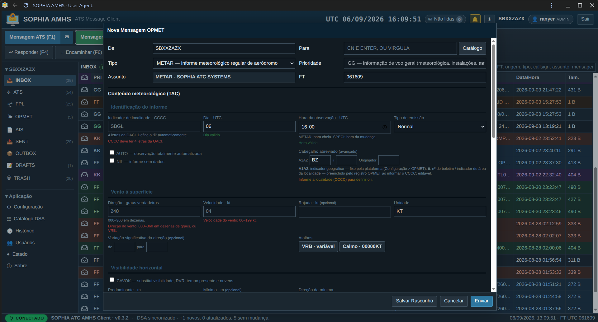 New OPMET message form, METAR type, dark theme